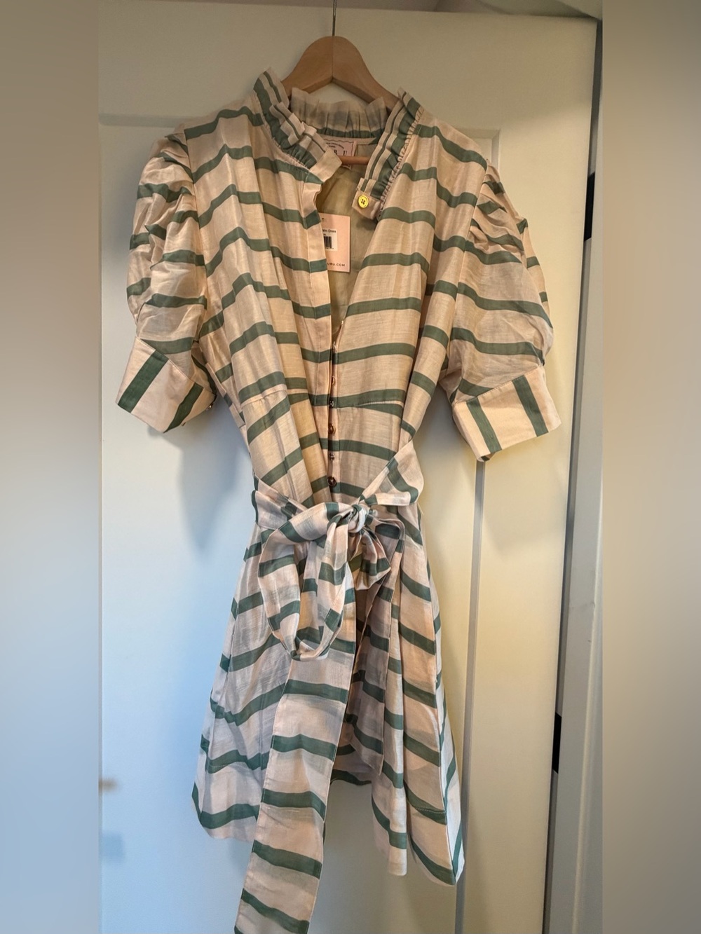 Striped Tie-Waist Midi Dress in Sage and Cream